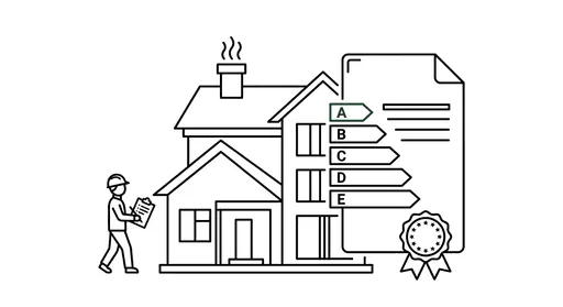 House with solar panels, wind turbine, and person on scooter.